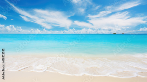 Beautiful sandy beach with white sand and rolling calm sea. Generative ai © LFK
