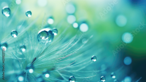 Beautiful rain water drops on a dandelion seed macro in nature blue background. Generative ai