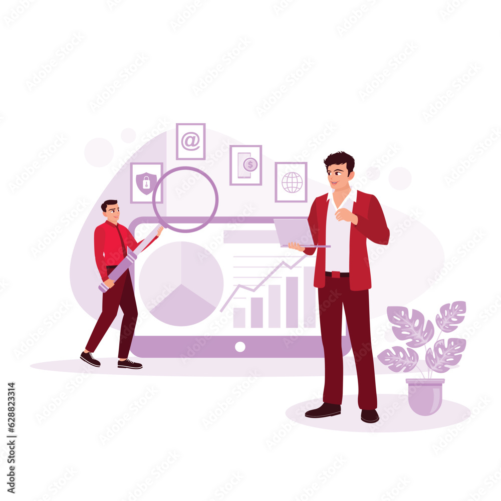 Marketing manager and an employee analyze a business project results graph using a tablet. Trend Modern vector flat illustration Marketing manager and an employee analyze a business project results graph using a tablet. Trend Modern vector flat illustration