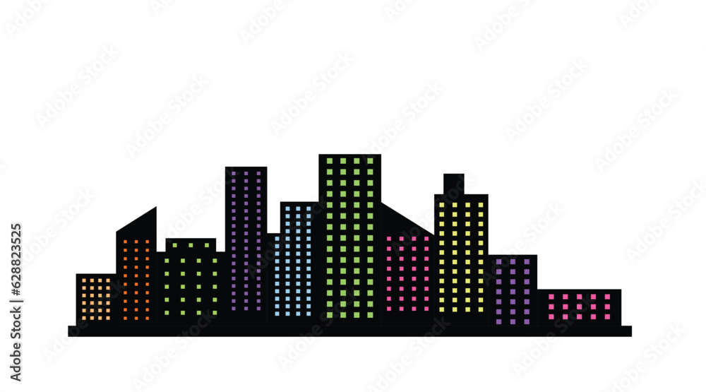 City Silhouette with Light in Windows Isolated on White. Simple industrial topic vector art.