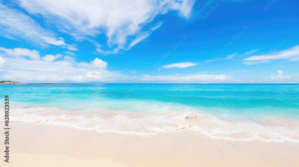 Beautiful background beach with white sand turquoise ocean water and cloudy sky. Generative ai
