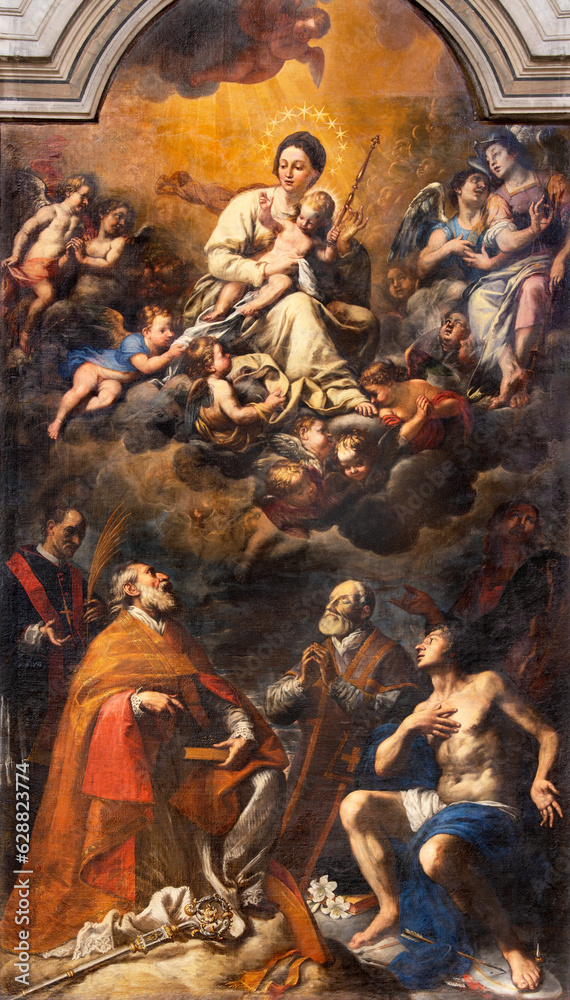 GENOVA, ITALY - MARCH 5, 2023: The painting of Madonna with the St. Lorenzo, Liborius and St. Philip Neri, in the church Basilica di Santa Maria delle Vigne by Giovann Battista Casone (1681).