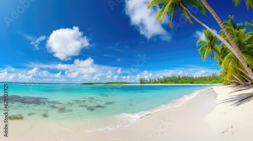 Beautiful beach background with clear sea white sand and palm tree. Generative ai