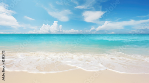 Beautiful background image of white cloudy blue sky and clear wavy sea. Generative ai