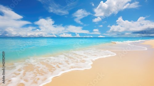 Beautiful background image of golden sand, wavy sea. Generative ai © LFK