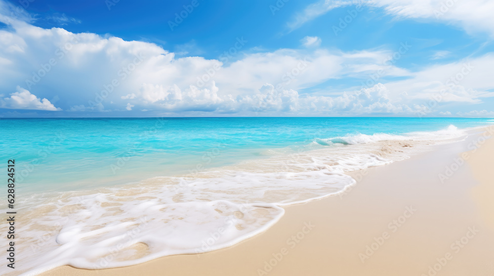 Beach background with blue sky and clear wavy sea. Generative ai