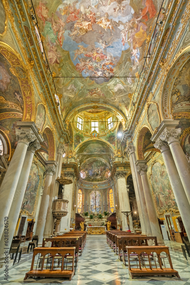 GENOVA, ITALY - MARCH 5, 2023: The nave of baroque church Chiesa di Santa Maria Maddalena.