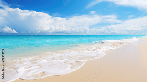 Beach background with blue sky and clear wavy sea. Generative ai