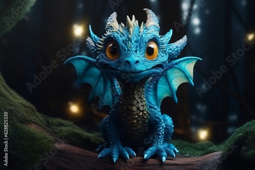Cute little dragon. 3d rendering of a fantasy blue dragon on dark background.