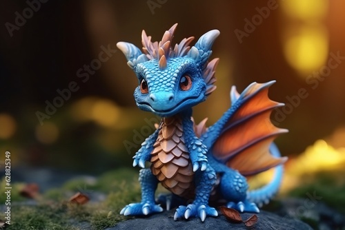 Cute little dragon. 3d rendering of a fantasy blue dragon on dark background.