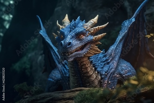 3d rendering of a fantasy blue dragon on dark background.