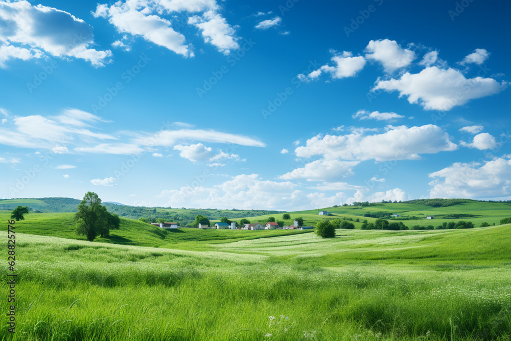 Nature landscape, Perfect field of spring grass meadow in sunlight, countryside springtime landscape fluffy clouds on a bright blue sky