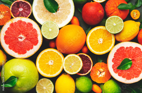 Obraz na plátne Colorful citrus fruis, food background, top view