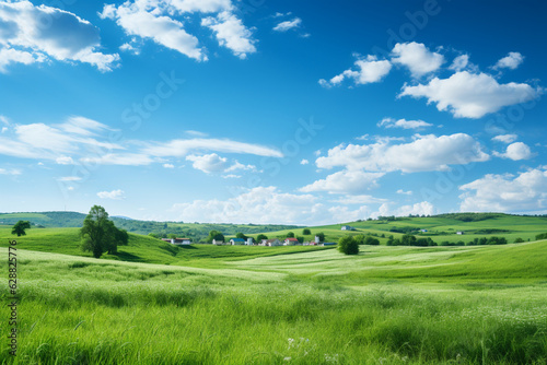 Nature landscape  Perfect field of spring grass meadow in sunlight  countryside springtime landscape fluffy clouds on a bright blue sky