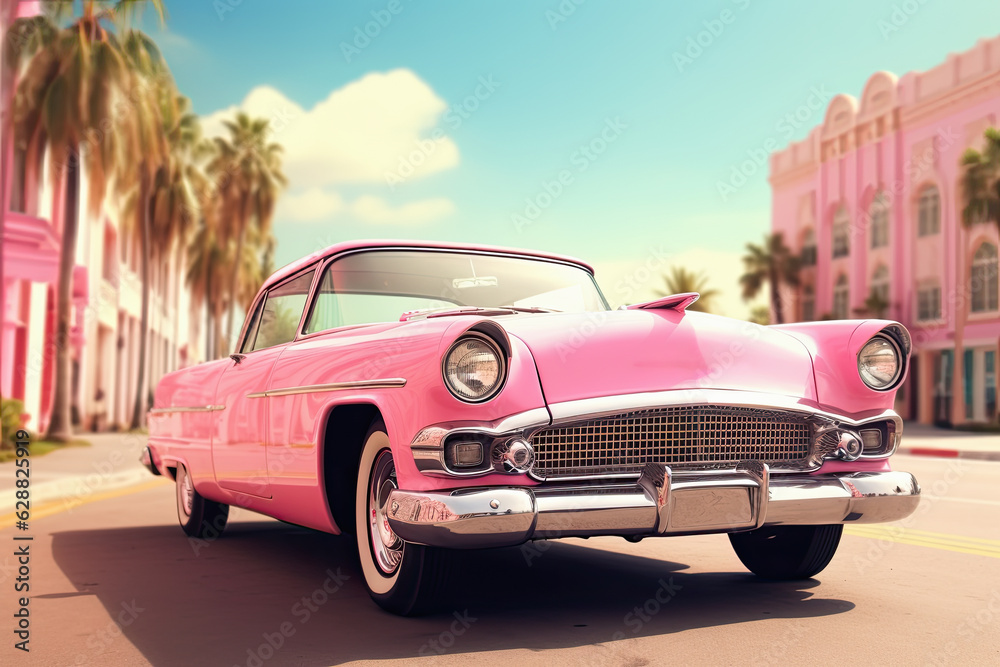 Vehiculo retro rosa, sobre fondo pastel de una ciudad ficticia. Ilustracion de ia generativa