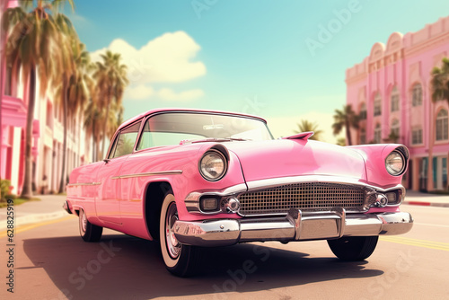 Vehiculo retro rosa, sobre fondo pastel de una ciudad ficticia. Ilustracion de ia generativa © Helena GARCIA