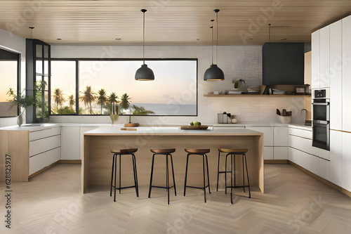 A detailed rendering of a simple kitchen with the essence of coastal living opens to the allure of a sunset through the window