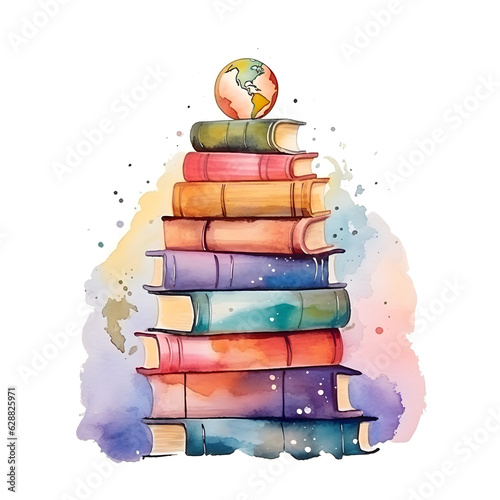 World book day concept. Watercolor Illustration with stack of books created  with Generative AI technology