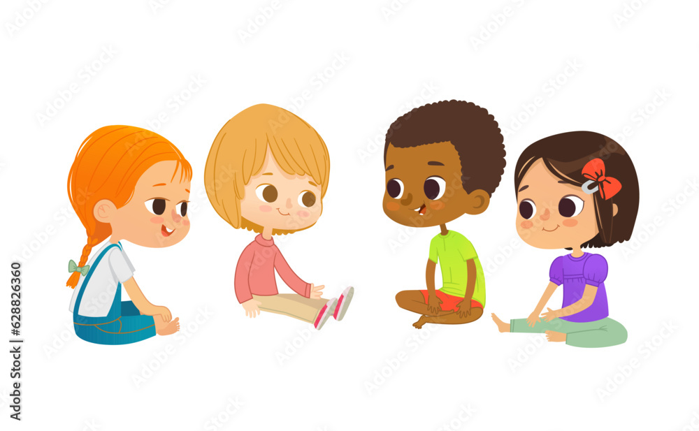 Smiling multicultural kids sit on floor in circle, play and talk. Children's entertainment, preschool and kindergarten activity concept. Vector illustration for website, banner, poster. Smiling multicultural kids sit on floor in circle, play and talk. Children's entertainment, preschool and kindergarten activity concept. Vector illustration for website, banner, poster.
