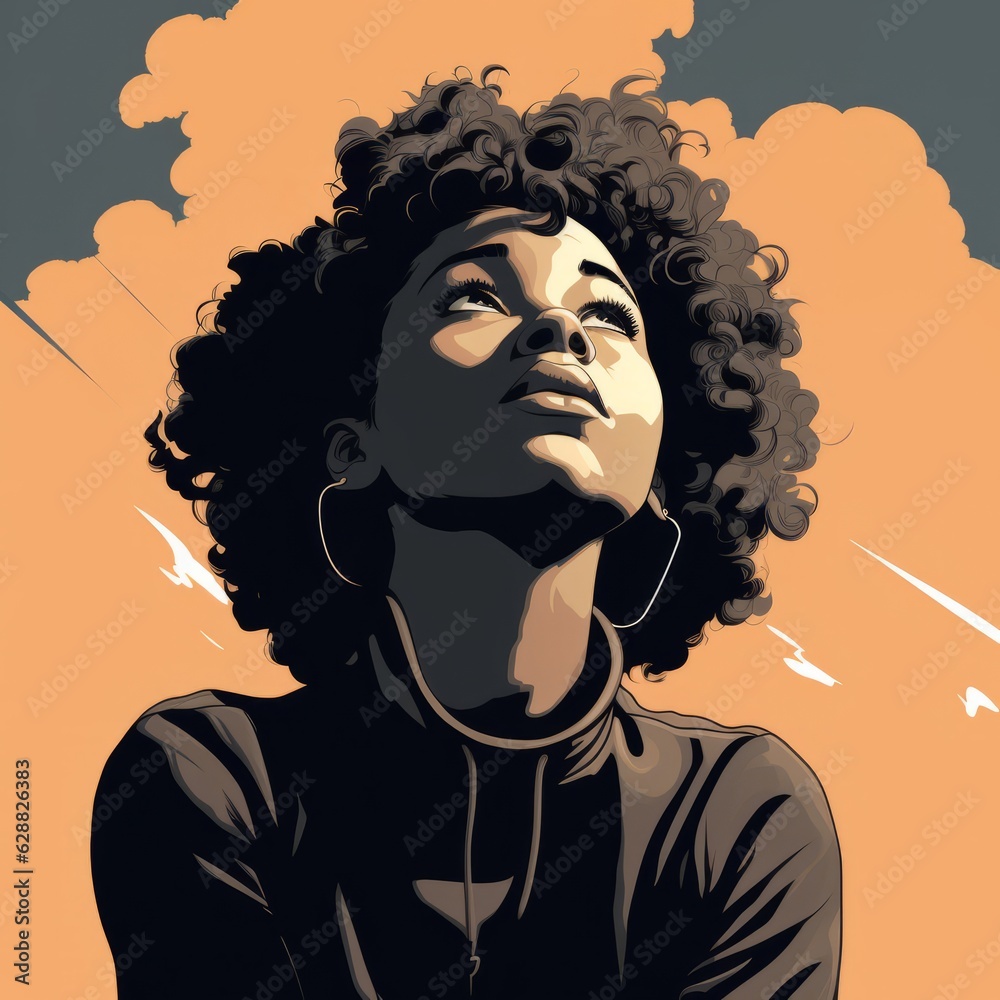 Black girl in thinking and doubts pose cartoon illustration. Young female character with dreamy face on abstract background. Ai generated bright cartoonish poster. Black girl in thinking and doubts pose cartoon illustration. Young female character with dreamy face on abstract background. Ai generated bright cartoonish poster.