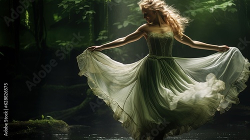 Photorealistic image of a mystical magical dancing forest fairy.