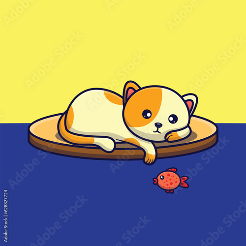 cat play with fish in the water cute cartoon vector animal illustration
