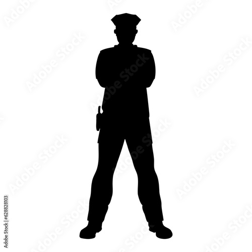 Policeman standing with arms crossed silhouette. vector illustration