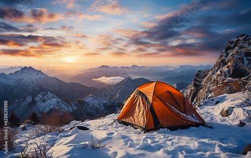 A camping tent in a spectacular snowy mountain panorama