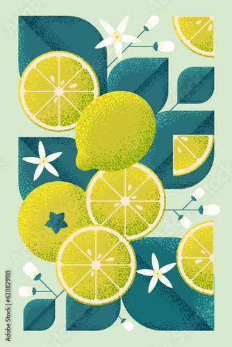 Ripe Lemons with leaves and flowers. Illustration with grain and noise texture. 
