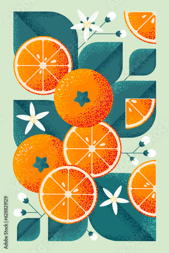Ripe oranges with leaves and flowers. Illustration with grain and noise texture. 