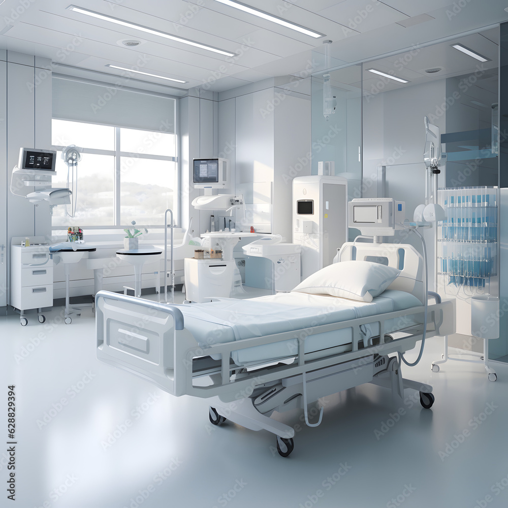 Interior of a hospital room with medical equipment and technology Interior of a hospital room with medical equipment and technology