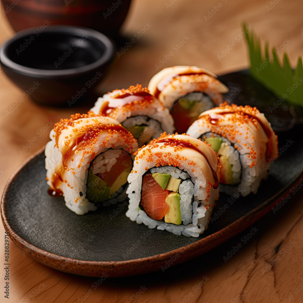 Shushi shrimp roll created with Generative AI technology Shushi shrimp roll created with Generative AI technology