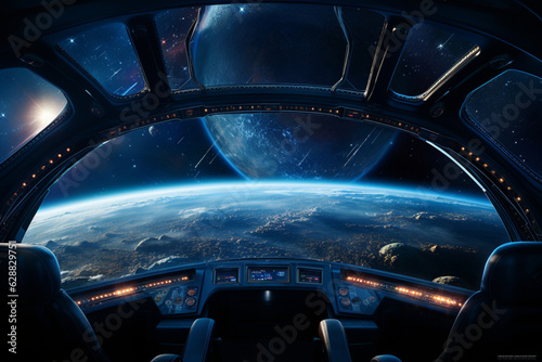 Fototapeta Naklejka Na Ścianę i Meble -  Futuristic Cockpit of spaceship control system room with planets view scenery, Outer space, astronaut. Planet horizon