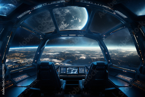 Futuristic Cockpit of spaceship control system room with planets view scenery, Outer space, astronaut. Planet horizon photo