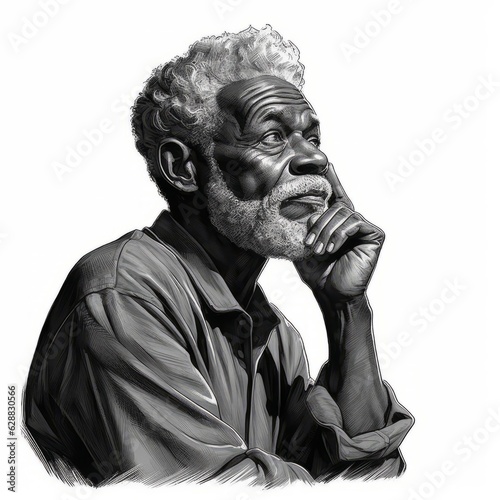 Black old man in thinking and doubts monochrome illustration. Male character with dreamy face on abstract background. Ai generated black and white sketch poster.