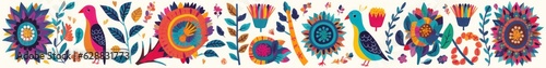 Beautiful colorful cartoon floral collection with leaves, flowers, tree and birds. Mexican ethnic pattern, Generative AI