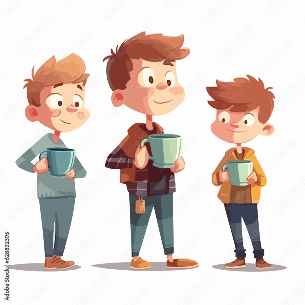 Young boy drinking coffee, vector pose, child, cartoon style.