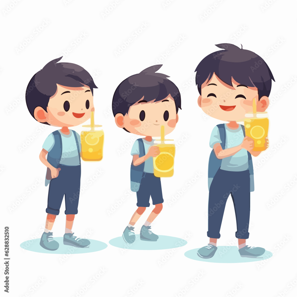 Young boy enjoying lemonade, vector pose, child, cartoon style. Young boy enjoying lemonade, vector pose, child, cartoon style.