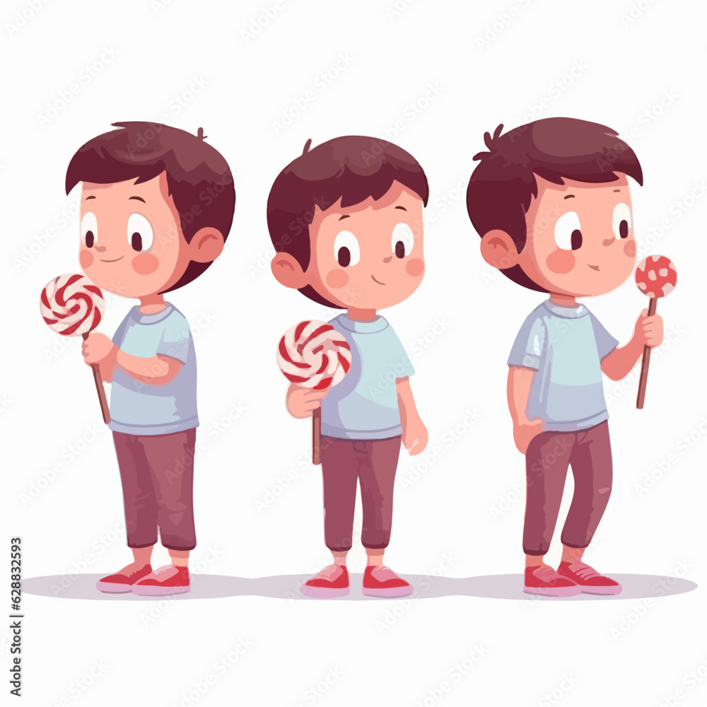 Boy savoring a lollipop, cartoon illustration, kid, multipose. Boy savoring a lollipop, cartoon illustration, kid, multipose.