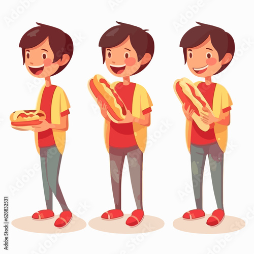 Young boy enjoying a mouthwatering hot-dog, vector pose, child, cartoon style.