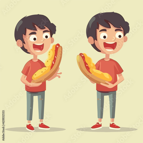 Cartoon of a child with a mouthwatering hot-dog, vector pose, young kid.