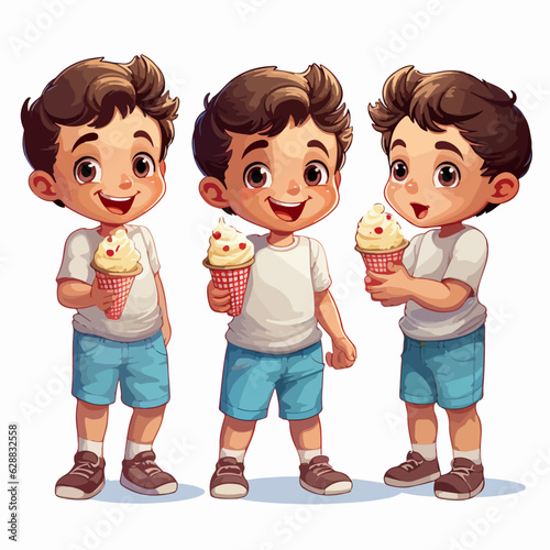 Young boy enjoying a mouthwatering ice-cream, vector pose, child, cartoon style.