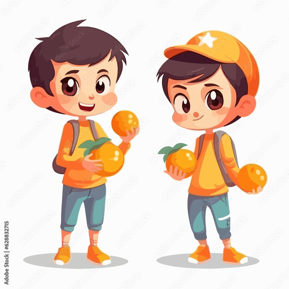 Cartoon of a kid with an orange, vector pose, young child. Cartoon of a kid with an orange, vector pose, young child.