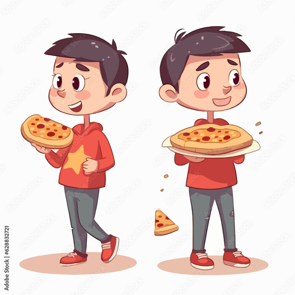 Kid holding a pizza, vector illustration, young boy, multipose. Stock ...