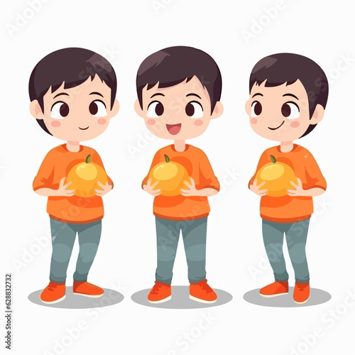 Boy savoring an orange, cartoon illustration, kid, multipose. photo