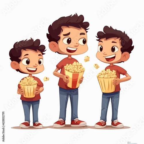 Kid with a bowl of delicious popcorn  vector illustration  young boy.