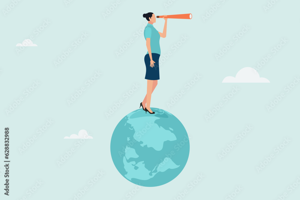 Globalization, global business vision, world economy or business opportunity concept, smart businesswoman standing on the globe, planet Earth using a telescope to see the vision or future opportunitie Globalization, global business vision, world economy or business opportunity concept, smart businesswoman standing on the globe, planet Earth using a telescope to see the vision or future opportunitie
