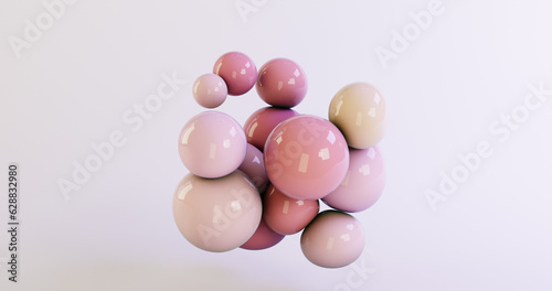 3d abstract illustration of pink and beige balloons, spheres floating. White background © Darina