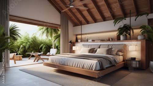 contemporary loft style bedroom tropical, generative ai