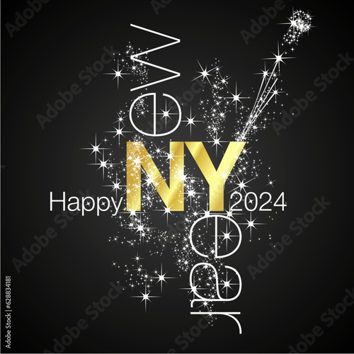Happy New Year 2024 black light lettering typography sparkle champagne firework golden white black background